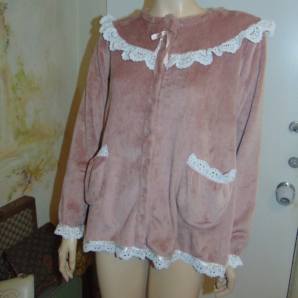 POL Pink Mauve Pajama Shirt Velour Lolita Lace Trimmed Boho Cottagecore Small